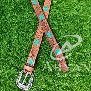 Premium Quality Custom Made Western Cow Leather <b>Beaded</b> Belt With Hand Tooled Design Manufacturer Genuine Leather Floral Belts - Product Image 1