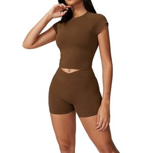 Wholesale <b>Women's</b> Custom 2-Piece Sportswear Set Solid Color fitted Shirt and <b>Short</b> Pants New Summer Casual - Product Image 2