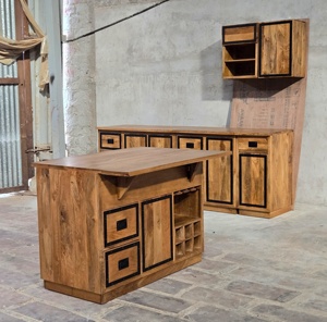 Îlot de cuisine en bois de manguier massif Nexa avec unité de rangement |   Armoire industrielle moderne 5 tiroirs 2 étagères Cadre en métal noir |   Personnalisé - Product Image 3