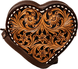 Bolso Bandolera de Cuero Genuino para Mujer, Estilo Vintage Bohemio, Bolso de Mano de Cuero Vacuno con Forma de Corazón Floral - Product Image 1