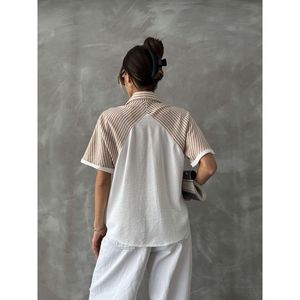 Topshow Stone Gray Striped Drop Shoulder <b>Linen</b> Blend Shirt for Women, Casual Cotton Polyester Blouse with Line Details - Product Image 5