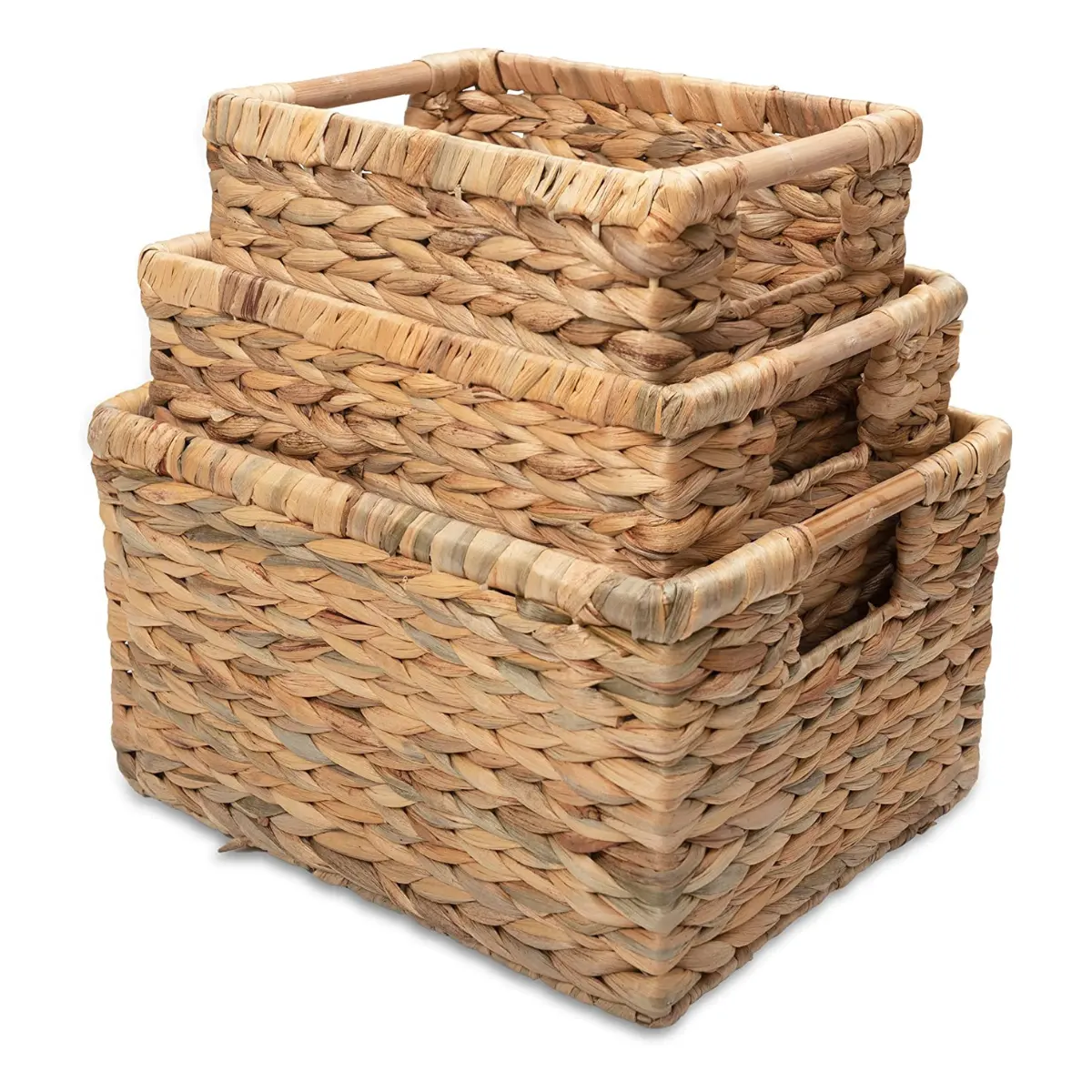 Set di 3 cestini portaoggetti in giacinto d'acqua più venduti con manici in legno Set rettangolare di cestini di vimini per l'organizzazione domestica