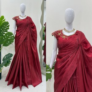 Sari de seda de diseñador liso Jimmy Chu con blusa sin costuras adornada a mano Conjunto de Sari indio Premium para mujer - Product Image 1