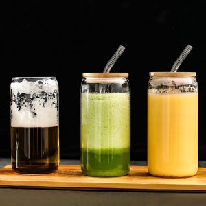 Gelas Kopi Es/Bir Kaca Borosilikat Tinggi Laris Manis dengan Tutup Bambu dan Sedotan - Product Image 6