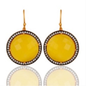 มาใหม่สีเหลือง Chalcedony พลอยเงินแท้925ต่างหูทรงกลม - Product Image 1