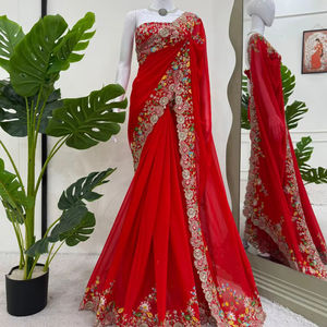 Sari rojo de boda pakistaní indio de gran venta con blusa sin costuras Material de Georgette falso también hilo Sequnce trabajo - Product Image 1