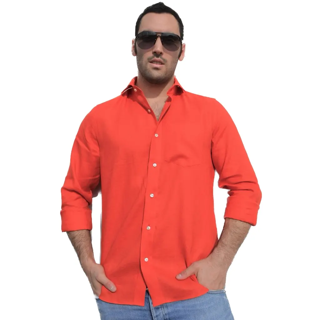Men shirt in 100% high quality European Flax red linen following the Made in Italy tradition export