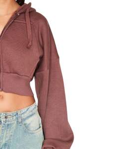 Customized Women <b>Brown</b> Cropped <b>Zip</b> Up <b>Hoodie</b> Long Sleeve Drawstring Hooded Sweatshirt Casual Streetwear Fashion Top For Ladies - Product Image 3