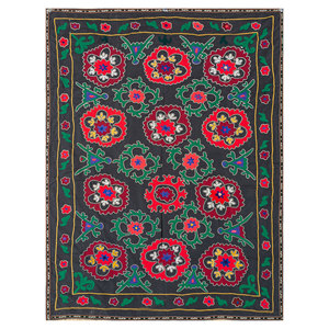 Tissu Suzani brodé floral Ouzbékistan Ébène/Vert antique 120x180 cm Fait main 100% Coton Lavage à la main pour usage domestique - Product Image 1