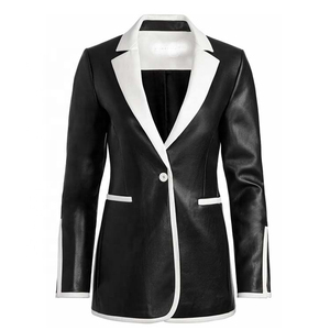 Blazer en cuir véritable pour femmes grandes tailles, double boutonnage, manches longues, boutons fantaisie, coupe-vent, respirant, anti-rides - Product Image 4