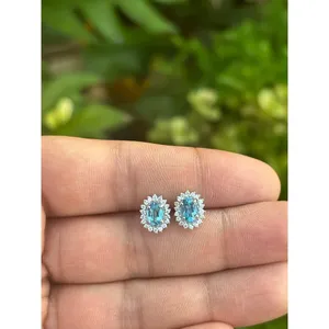 925 <b>Silver</b> for Swiss Blue Topaz <b>Stud</b> Earrings Rose Gold Trendy Pear Emerald Cut for Engagement Geometric Screw Pattern Zircon - Product Image 1