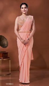 Fabzone Saree en crêpe de pêche pré-cousu pour tenue de fête - Product Image 5