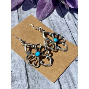 Navajo Kingman Turquoise & Sterling <b>Silver</b> Drop <b>Earrings</b> with Gold Plating Flower-shaped <b>Dangle</b> for Wedding or Gift - Product Image 2