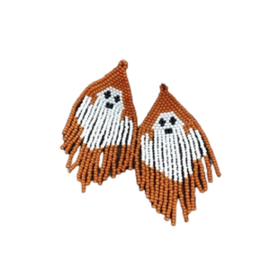 Pendientes de borlas con cuentas, diseño fantasma, pendientes colgantes bohemios, joyería de moda unisex, patrón naranja y blanco - Product Image 1