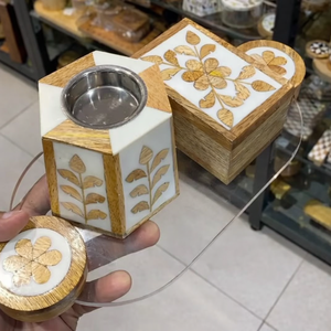 Plateau brûleur d'encens de luxe en bois et incrustations d'os avec boîte à bakhoor assortie, décoration de maison religieuse écologique, cadeau - Product Image 3