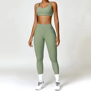 2PCS Women's Gym Sportswear Workout Athletic Legging & Fitness Bra Crop Top Solid Pattern Long Sleeve Sports Suits & Tracksuit - Product Image 3
