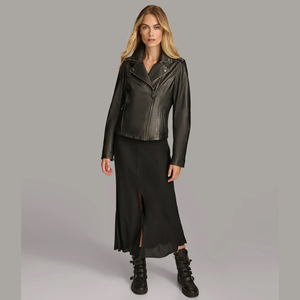 Chaqueta de Cuero de Oveja Genuino para Mujer, Estilo Motociclista Corto Acolchado con Cierre de Doble Cremallera y Forro de Nailon Cortavientos - Product Image 3