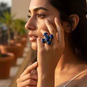 A 925 Silver <b>Lapis</b> <b>Lazuli</b> Cluster <b>Ring</b> Bohemian Style Prong Setting Geometric Design Women's Everyday Wear From Rajasthan - Product Image 2