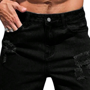 <b>Mens</b> <b>Black</b> Denim <b>Shorts</b> Breathable Ripped Distressed Design Casual Straight Fit Cotton Summer Streetwear Fashion Knee Length - Product Image 3