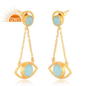 Mejor Venta de plata de ley 925 18K chapado en oro Natural Aqua Calcedonia piedra preciosa pendiente Demi joyería fina fabricante - Product Image 3