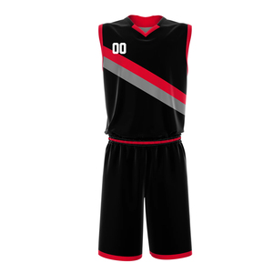 Unisex Basketball Jersey Set Sleeveless V-Neck <b>Black</b> Red Gray Striped Sublimated Moisture Wicking Athletic Fit Adult All Seasons - Product Image 1