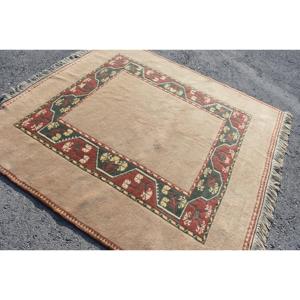 Vintage Turkish Rug 6.4x6.6 ft (196x201 cm), <b>Brown</b> Polka dot <b>Wool</b> Rug - Product Image 3