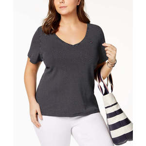 T-shirt da donna Tommy Hilfiger taglie forti 3X in cotone con scollo a V, fantasia a pois, blu navy, stile casual estivo - Product Image 1