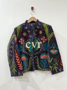 Abrigo Bohemio de Terciopelo Bordado con Cuello Mandarín, Manga Larga, Estampado Floral, Cierre de Cremallera Hecho a Mano, Ropa Exterior para Mujer Adulta, Otoño - Product Image 1