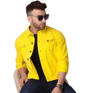 Veste en jean respirante pour hommes, toutes tailles, nouveau style décontracté et mince 100% coton, jaune uni pour l'automne - Product Image 1