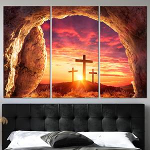 Arte religioso moderno en lienzo: impresión en vidrio templado con cruz cristiana, juego de 3 lienzos - Product Image 1