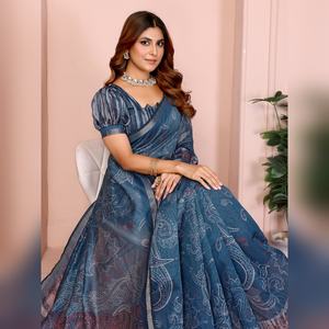 Sari ethnique bleu à imprimé numérique Chanderi pour les occasions festives de mariage, boutique indienne, design Bollywood, sari noir - Product Image 4