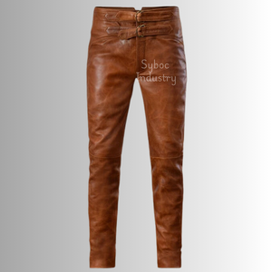 Pantalon vintage en cuir matelassé pour homme, motif droit, taille moyenne, fermeture boutonnée, style streetwear pour garçon - Product Image 1