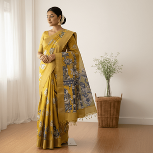 Sari de algodón Kalamkari azul mostaza con estampado étnico indio dibujado a mano, estilo Bollywood de seda pesada, largo, para festivales y fiestas. - Product Image 1