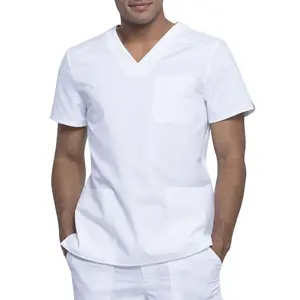 Enfermeiras masculinas, uniforme de hospital elástico confortável, branco sólido gola v uniforme de enfermagem