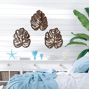 Ensemble d'art mural en bois MDF de style tropical moderne, décor de feuille de palmier brun 3 pièces pour chambre, salon ou bureau - Product Image 5