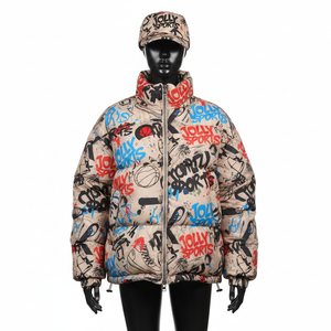Chaqueta Acolchada de Invierno para Mujer, Cuello Alto, Tejido de Poliéster, Diseño de Paneles con Estampado de Grafiti, Chaqueta Acolchada con Logotipo Personalizado para Mujer - Product Image 1