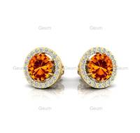 Boucles d'oreilles solitaires Halo en or massif 14 carats avec pierres précieuses citrine naturelle de qualité supérieure avec diamants certifiés IGI bijoux de mariée fins OEM