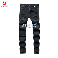 Jeans de Mezclilla Negros Premium para Hombre, Diseño Desgarrado, Corte Ajustado, Pantalones Elásticos, Ropa Moderna, Fabricante de Ropa, Servicios OEM