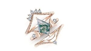 Antique Art Deco Moss Agate 925 <b>Silver</b> Wedding <b>Ring</b> <b>Set</b> Vintage Moon Design Prong Setting Engagement <b>Ring</b> Classic Bridal Jewelry - Product Image 3