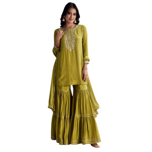 Set Sharara verde con ricamo Zardosi e paillettes per feste Festive all'ingrosso ricevimenti matrimoni e abbigliamento culturale personalizzato - Product Image 2