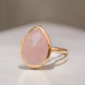 Handmade Natural <b>Rose</b> <b>Quartz</b> <b>Ring</b> 925 Sterling Silver Statement Gold Plating Pear Cut Diamond Shape Women's Gemstone Jewelry - Product Image 3
