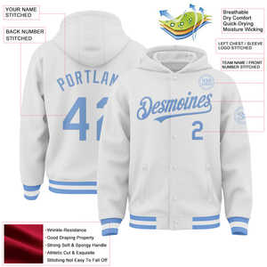 Chaqueta universitaria blanca personalizada con capucha, mangas blancas OEM estilo Letterman ropa de calle unisex al por mayor bajo MOQ proveedor duradero - Product Image 4