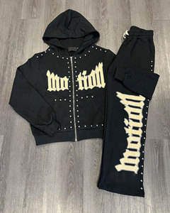 OEM Men's Winter Fashion Acid Wash Print Zip-Up Embroidered Breathable 100% Cotton Fleece Hoodie Sweatpants Set Distressed Patch - Product Image 5