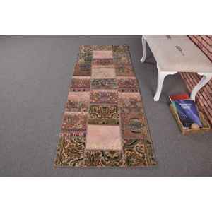 Alfombra Turca Vintage de 2.6x6.9 pies (80x209 cm), Alfombra con Borde Marrón - Product Image 1