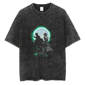 Yüksek sokak siyah hip hop özel logo boy asit yıkama tshirt erkekler vintage yıkanmış t shirt