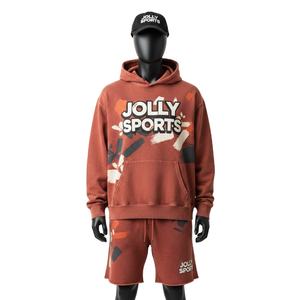 Conjunto de Sudadera con Capucha y Pantalones Cortos para Hombre, de Lujo, en Felpa de Algodón Cepillado de 300 GSM, Cómodo, en Tonos Tierra, con Logotipo Estampado - Product Image 1