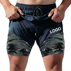 Pantalones cortos deportivos de doble capa para hombre, éxito de ventas, logotipo personalizado, 100% poliéster, entrenamiento, correr, gimnasio, Fitness, pantalones cortos con decoración de encaje - Product Image 3