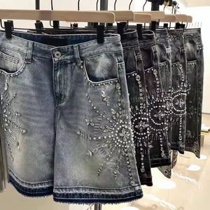 Pantalones cortos de mezclilla vintage personalizados para hombre, pantalones cortos de algodón pesado con cremallera y diamantes de imitación, diseño lavado transpirable para informal 2025 - Product Image 1