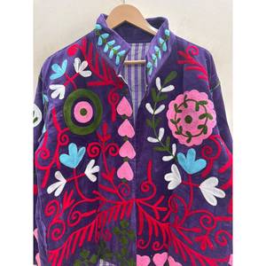 Suzani Hand-Embroidered <b>Velvet</b> Jacket-Deep <b>Purple</b> with Rose Pink & Turquoise Motifs by Zafira Bloom - Product Image 2