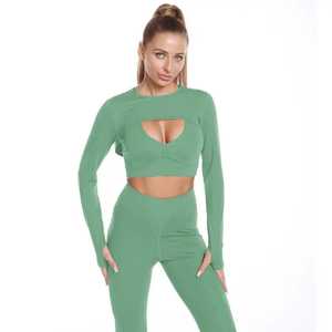 Ensembles de yoga respirants de haute qualité pour femmes, motif uni, taille élastique, techniques de teinture en pièce, 2 pièces, Spandex/Polyester - Product Image 3